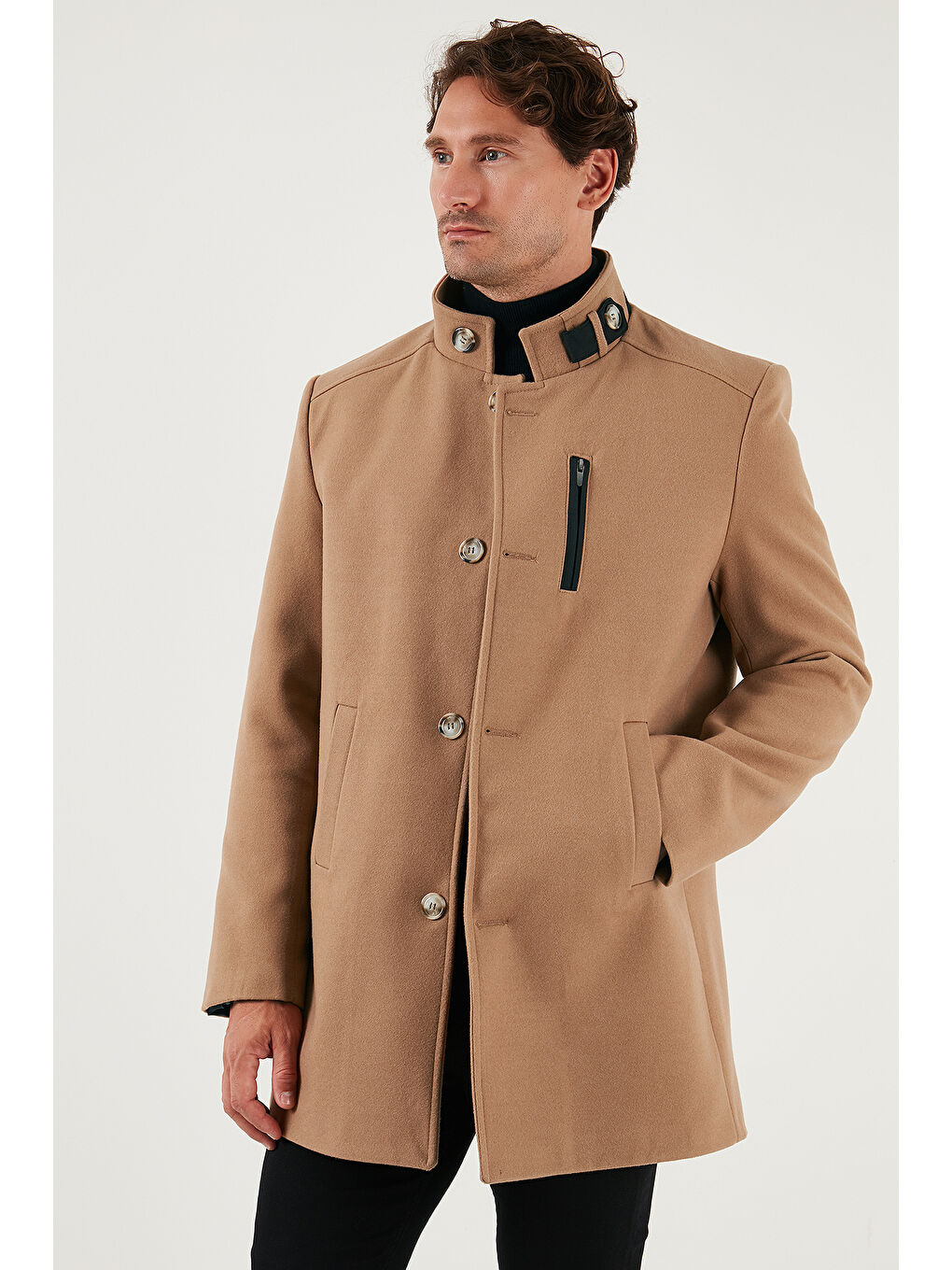 Kahverengi Slim Fit Düğmeli Dik Yaka Kaşe Erkek Kaban 5840099-1