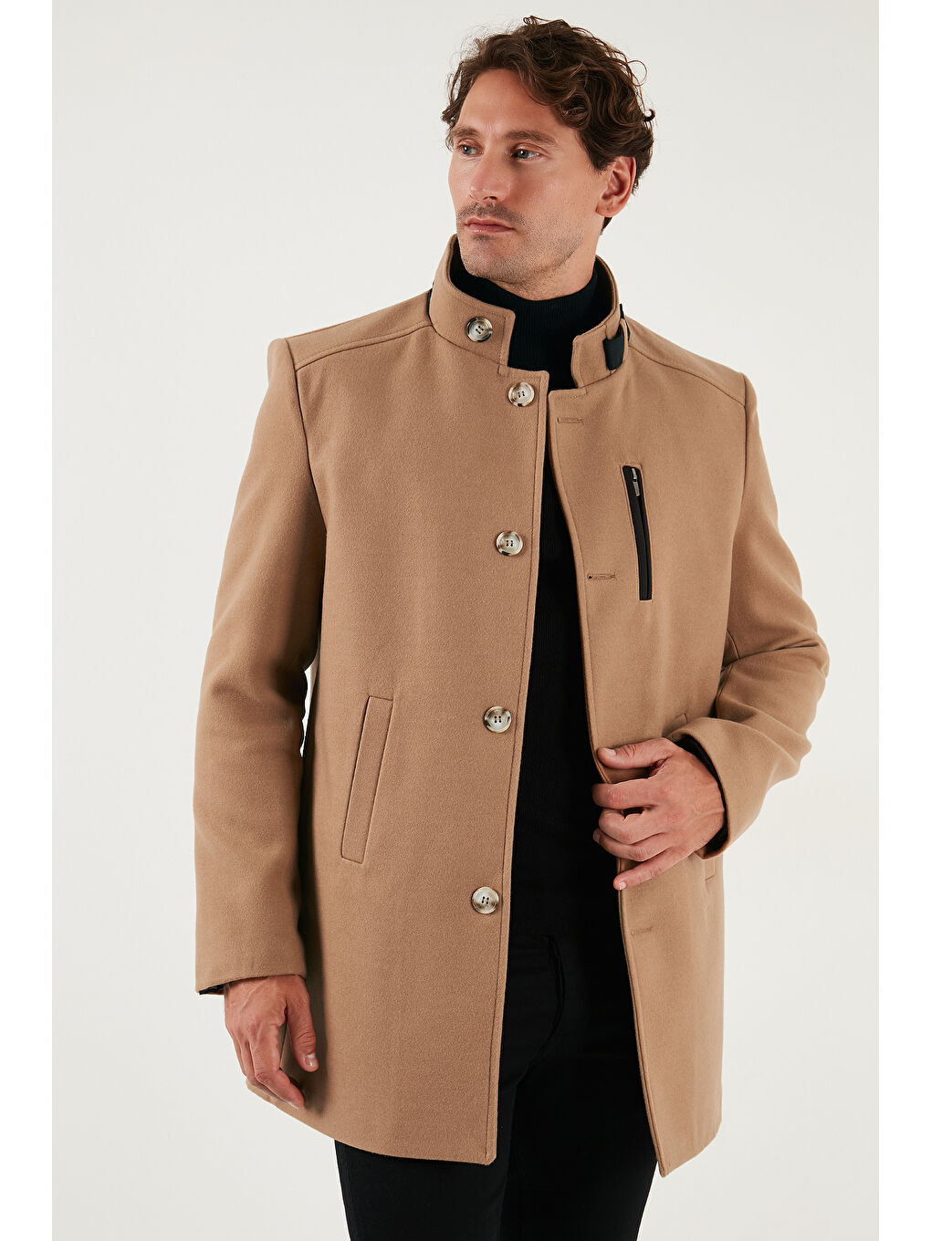 Kahverengi Slim Fit Düğmeli Dik Yaka Kaşe Erkek Kaban 5840099-2