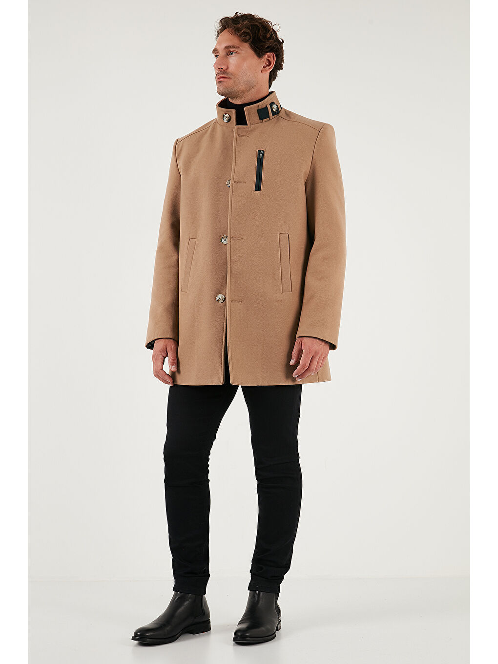 Kahverengi Slim Fit Düğmeli Dik Yaka Kaşe Erkek Kaban 5840099-3