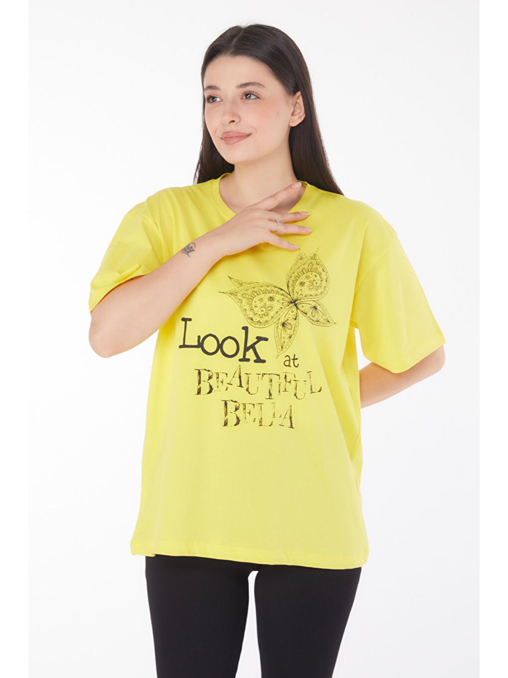 TOFİSA Sarı Düz Bisiklet Yaka Kadın Sarı Baskılı Kısa Kollu T-shirt - 25766