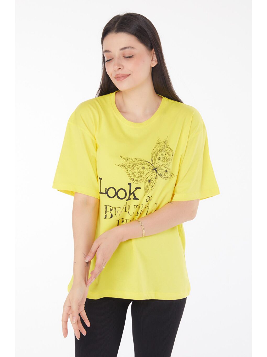 TOFİSA Sarı Düz Bisiklet Yaka Kadın Sarı Baskılı Kısa Kollu T-shirt - 25766 - 1