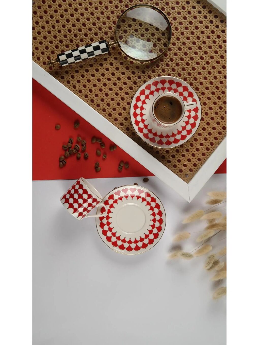 Beyaz Peyda Kırmızı Kahve Fincan Takımı 80cc 2 Kişilik 4 Parça-2