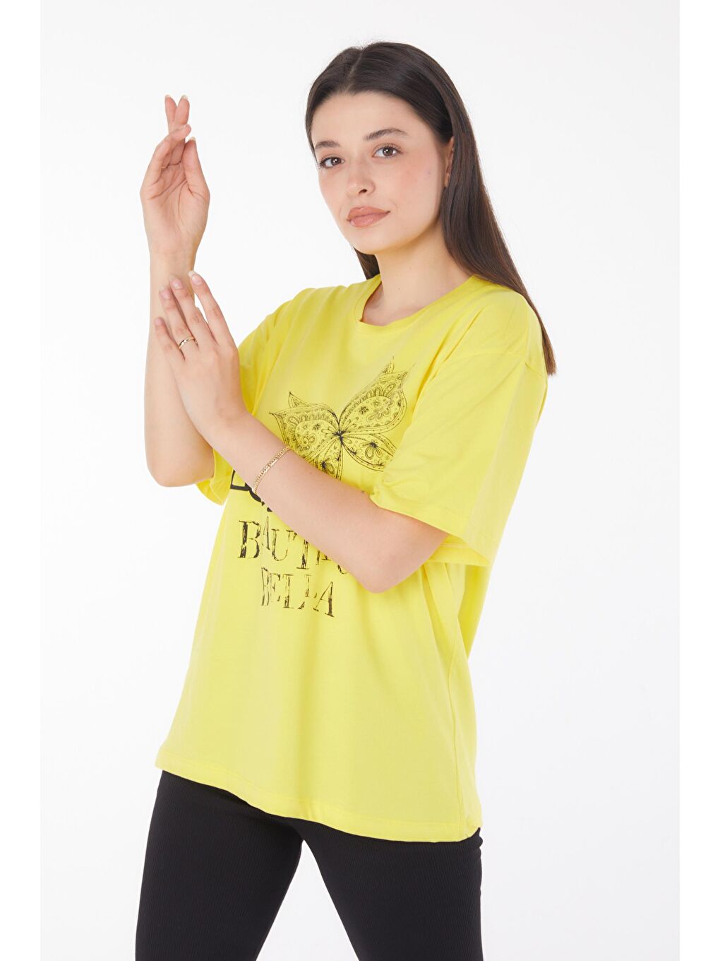 TOFİSA Sarı Düz Bisiklet Yaka Kadın Sarı Baskılı Kısa Kollu T-shirt - 25766 - 2