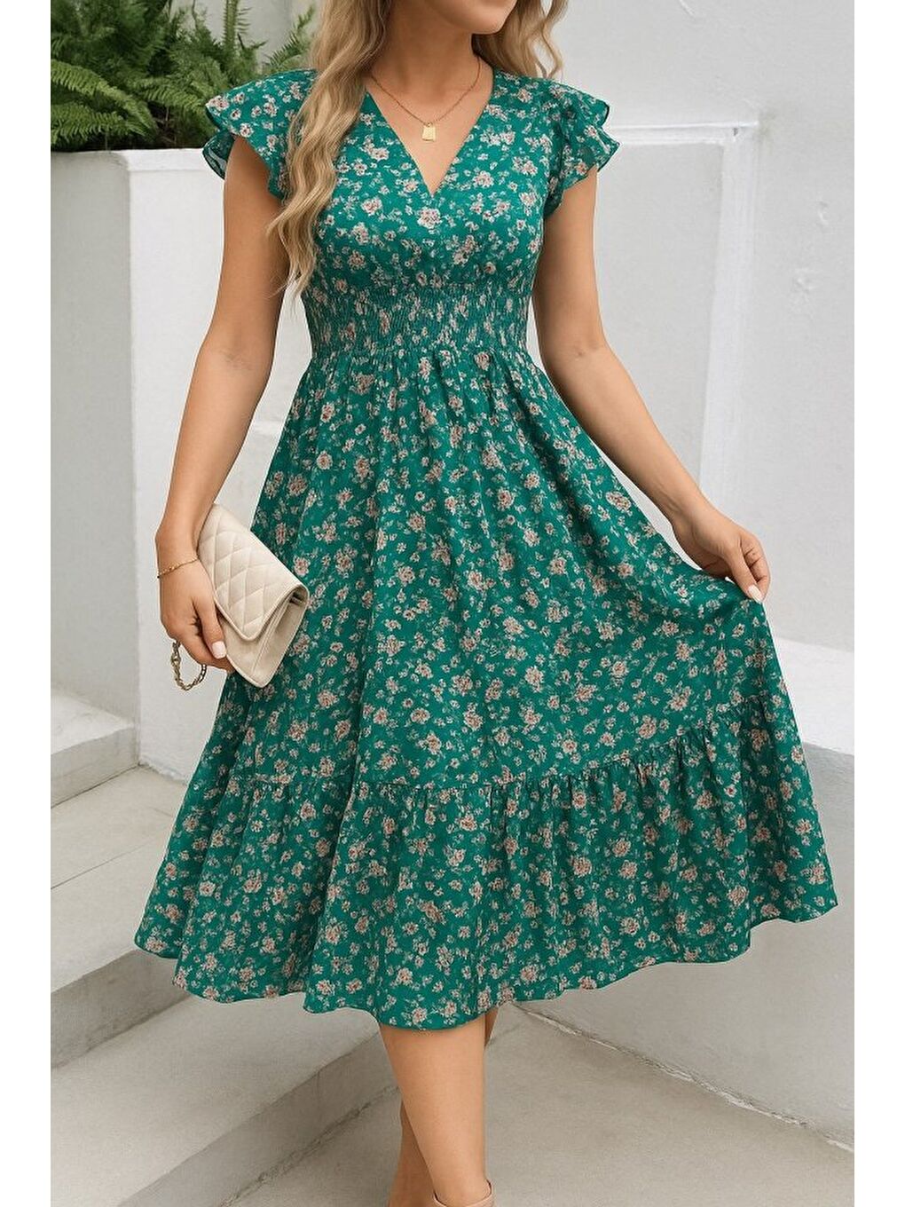 Yeşil Kadın Kısa Kollu Kruvaze Yaka Beli Lastikli çiçek Desenli Elbise