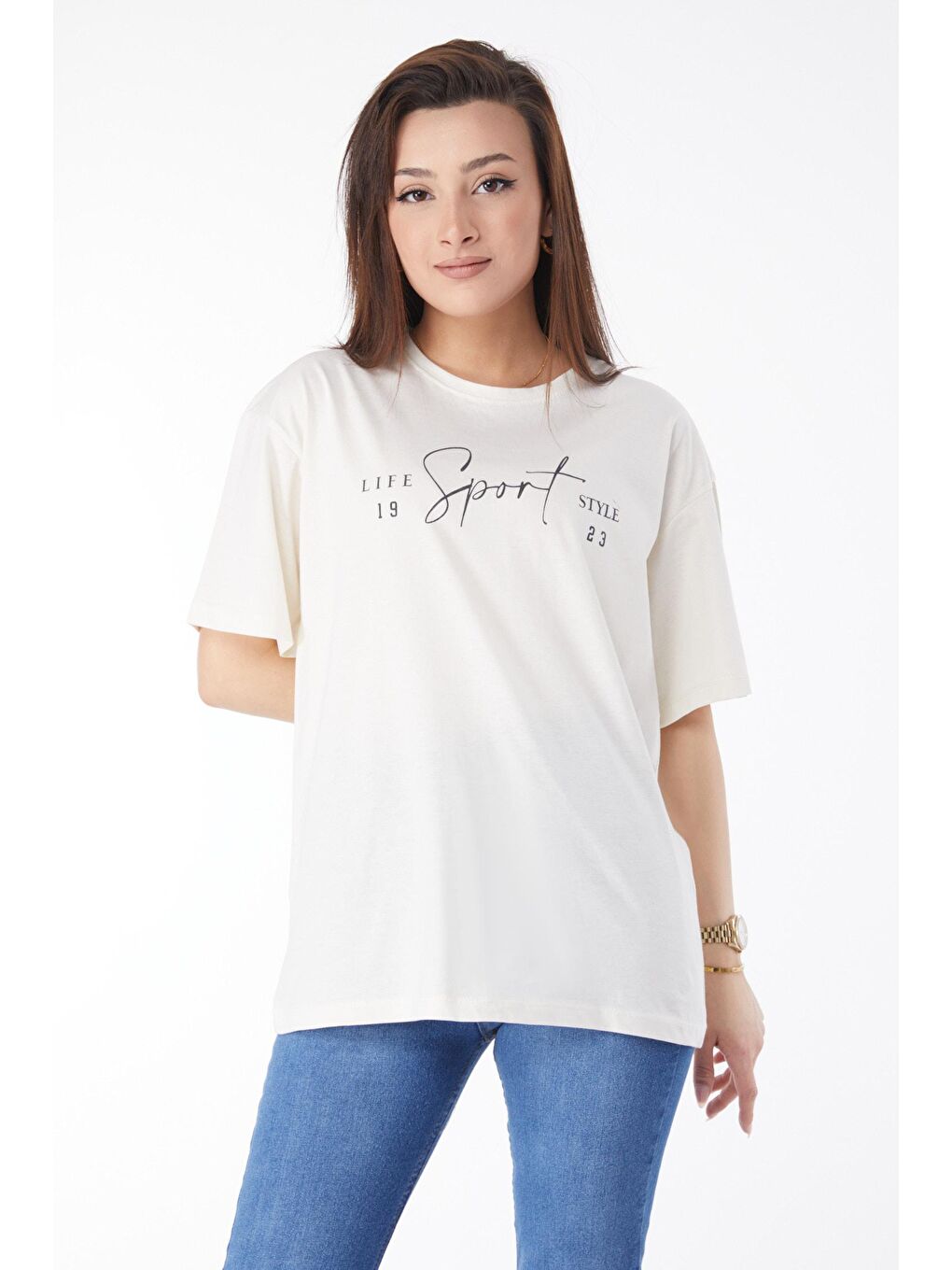 TOFİSA Ekru Düz Bisiklet Yaka Kadın Ekru Kısa Kollu Baskılı T-shirt - 24649 - 2