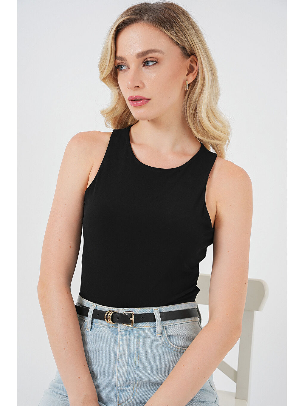 Kadın Halter Yaka Çıtçıtlı Body 972 - Siyah-2