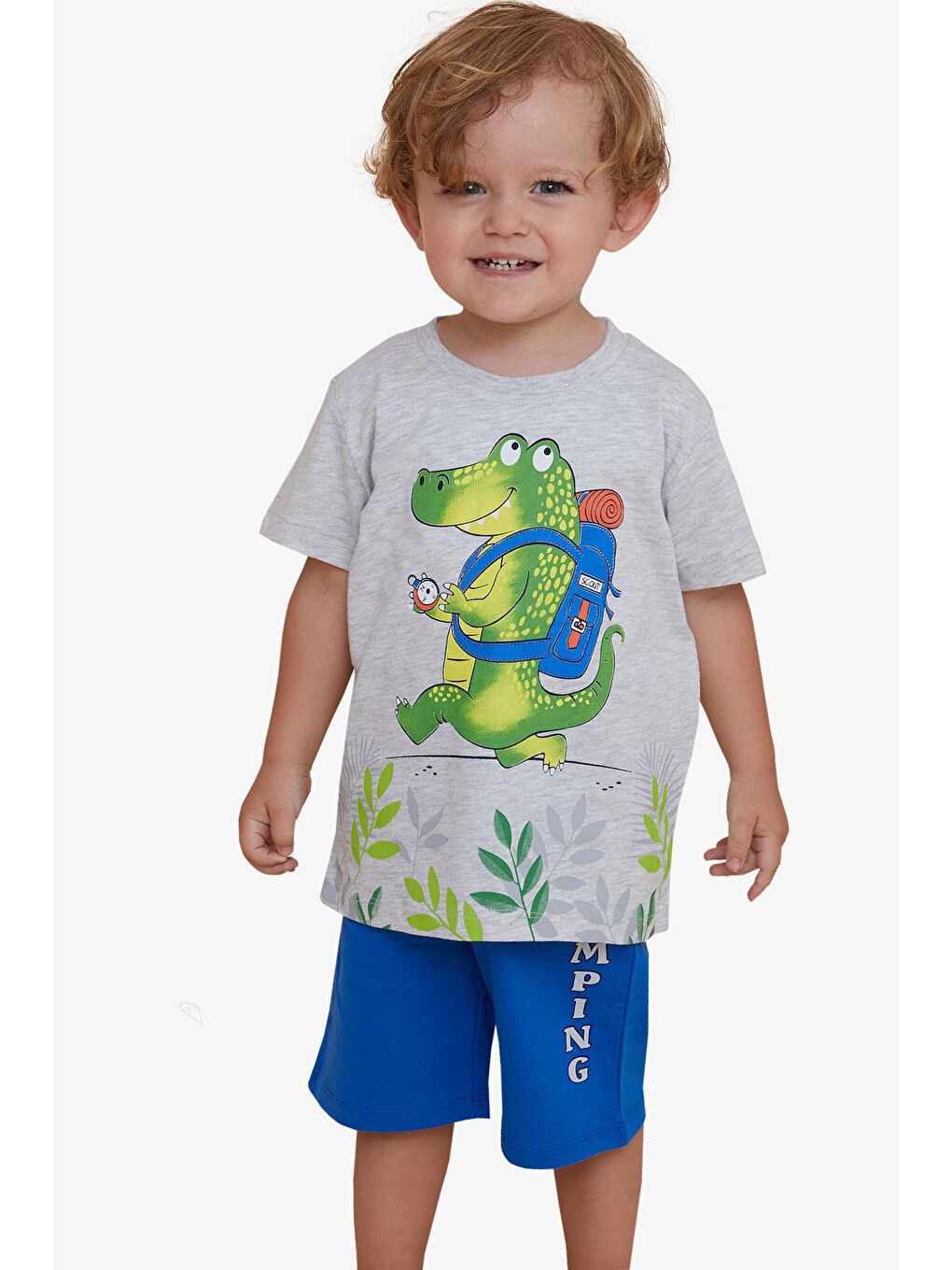 Bej Erkek Çocuk Şortlu Takım Kampçı Timsah Baskılı Açık Gri Melanj (2-5 Yaş)-6