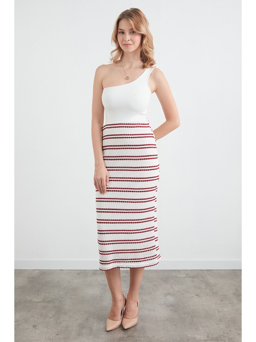 Bordo Çizgili Beli Lastikli Triko Etek