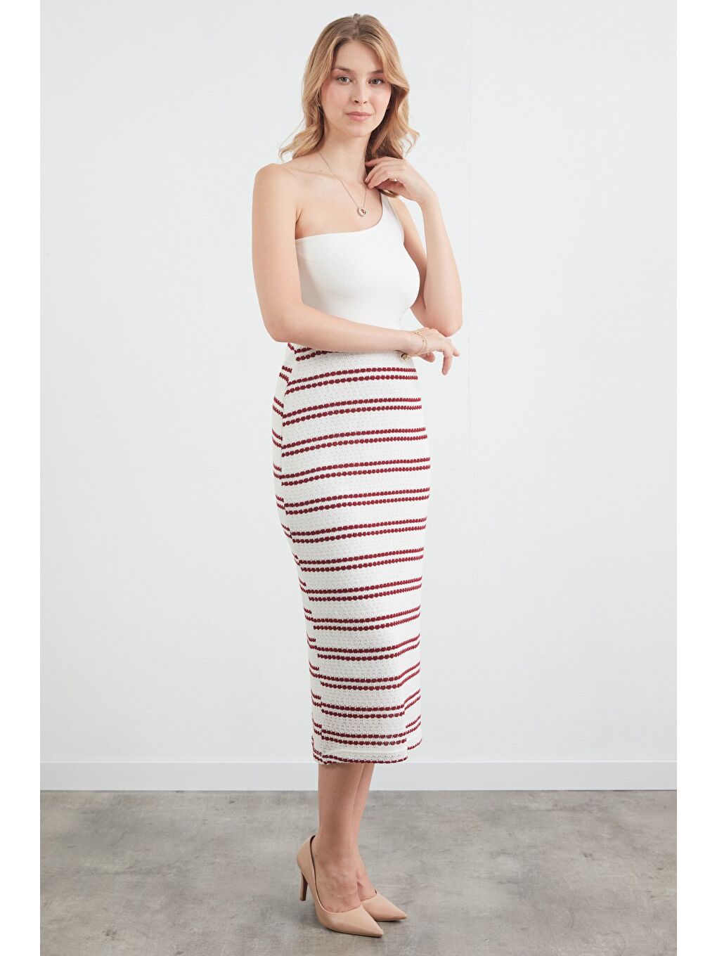 Bordo Çizgili Beli Lastikli Triko Etek-1