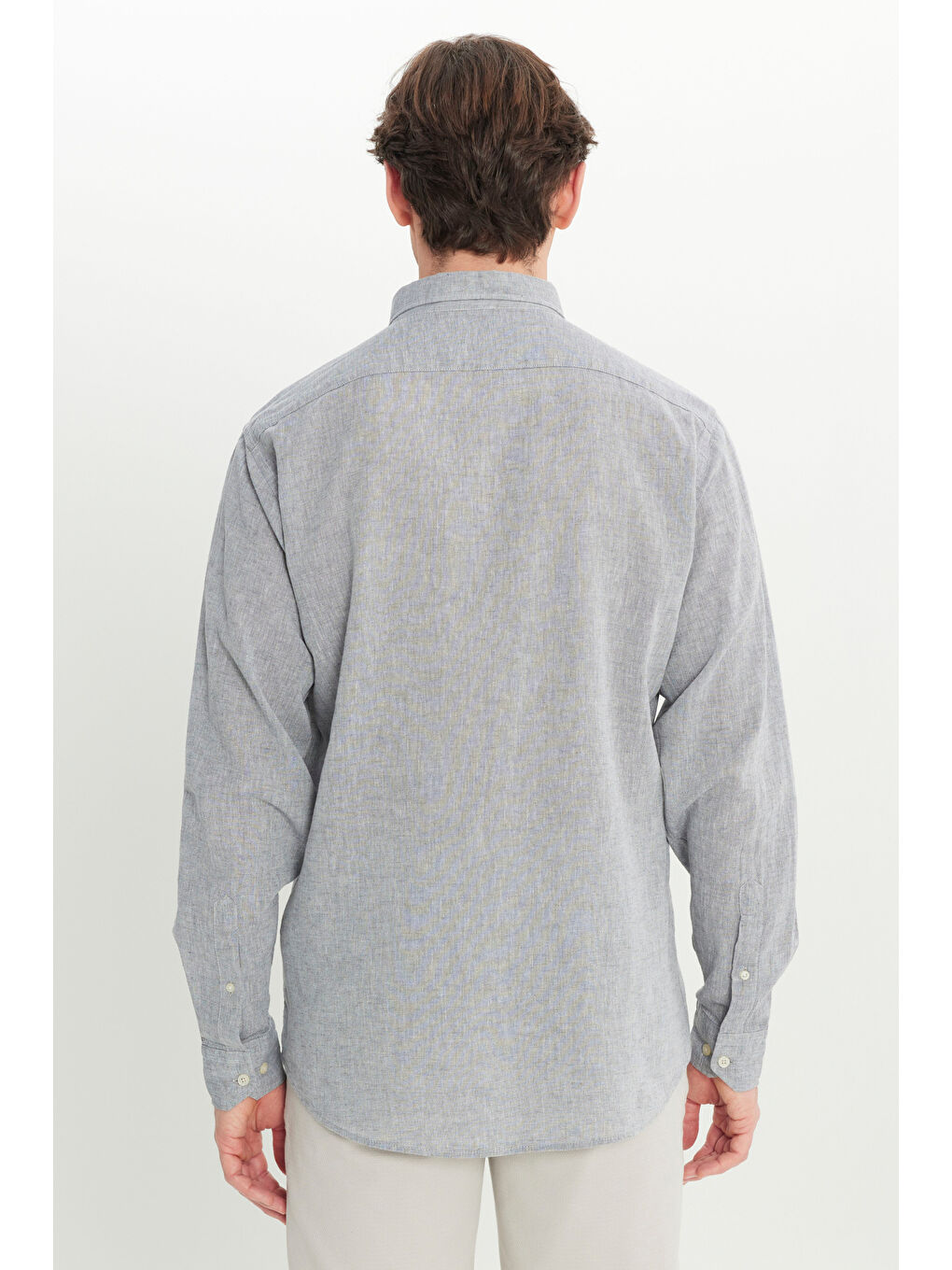 Erkek Gri Pamuklu Keten Comfort Fit Düğmeli Yaka Armürlü Gömlek-7