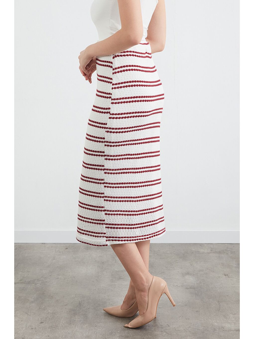 Bordo Çizgili Beli Lastikli Triko Etek-2