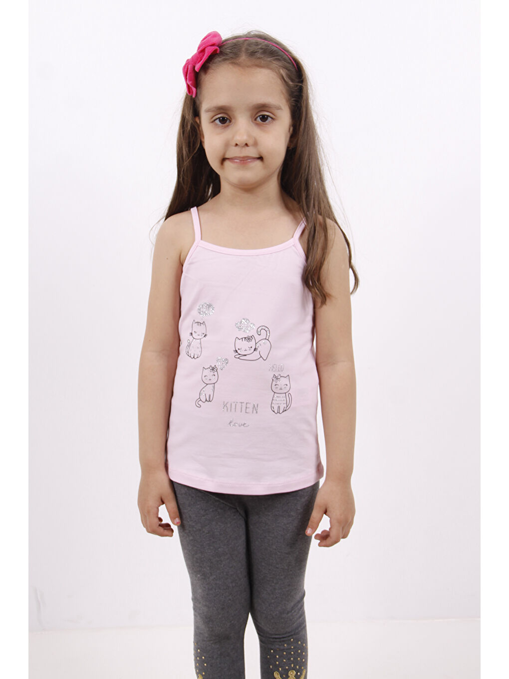 Pembe Kız Çocuk Kedi Baskılı Atlet