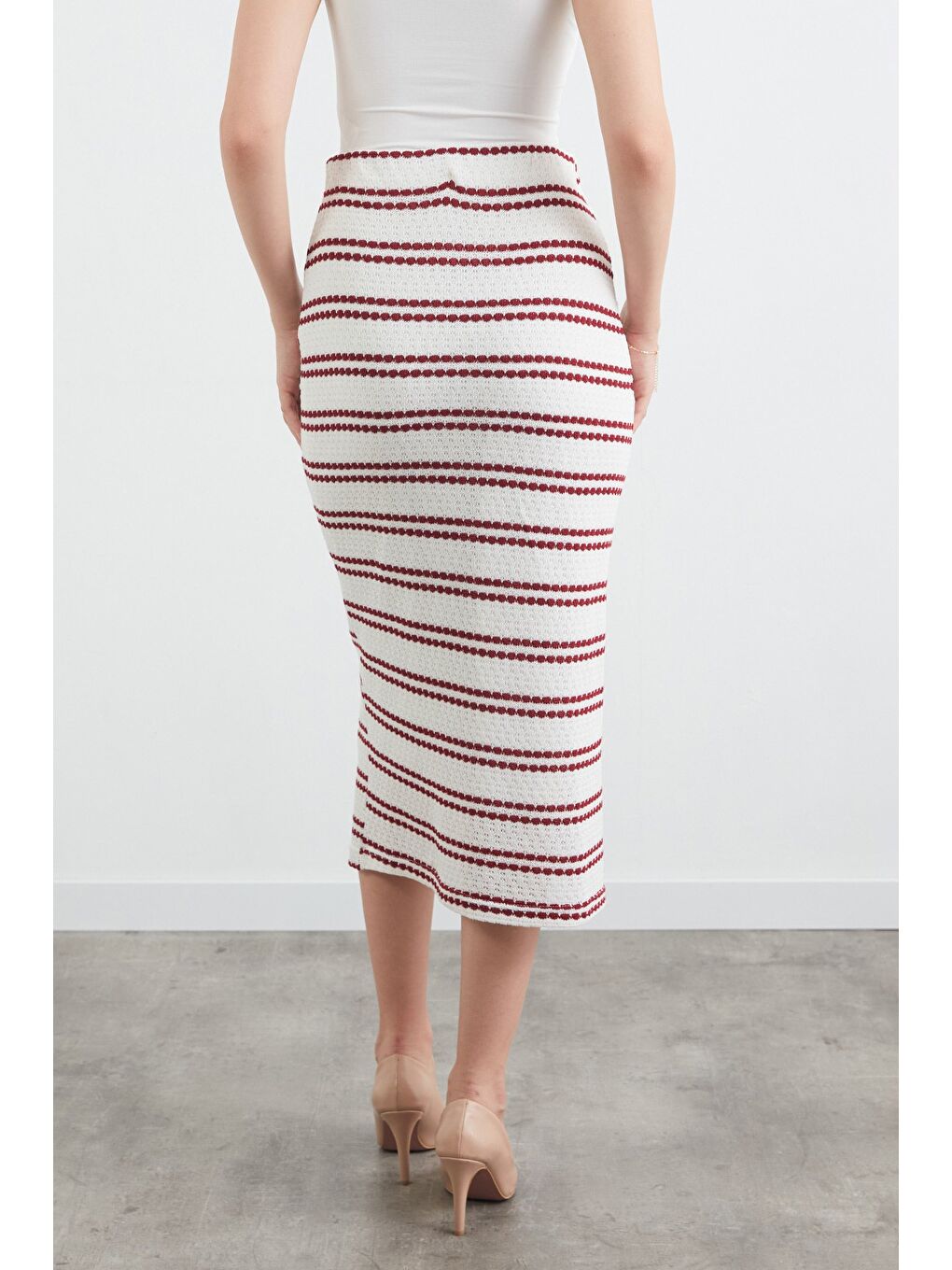 Bordo Çizgili Beli Lastikli Triko Etek-3