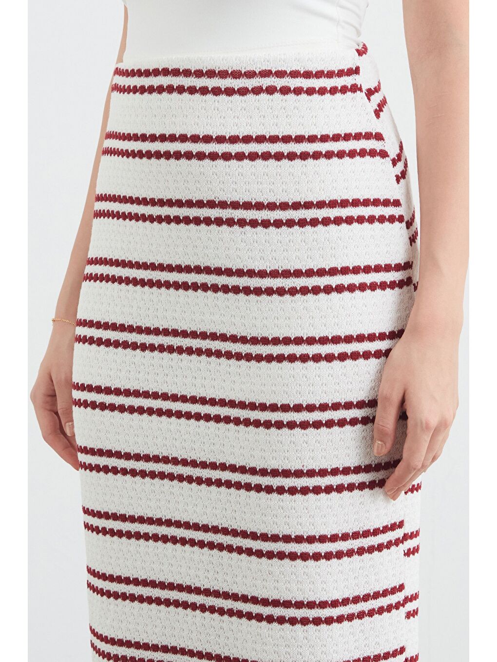 Bordo Çizgili Beli Lastikli Triko Etek-4