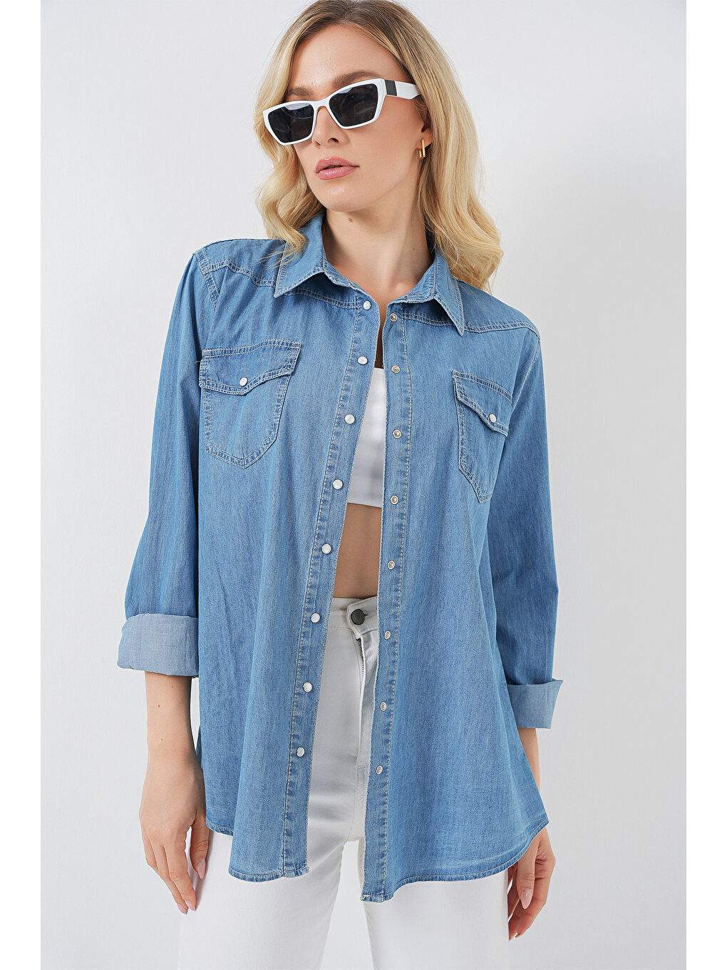 Kadın Uzun Jean Gömlek 20318 - Mavi-2