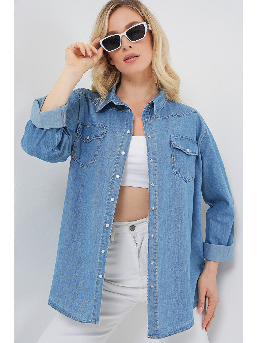 Kadın Uzun Jean Gömlek 20318 - Mavi-3