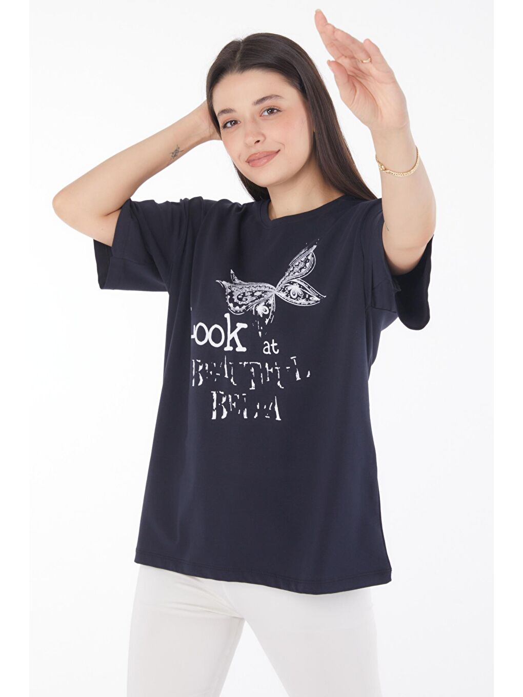 TOFİSA Lacivert Düz Bisiklet Yaka Kadın Lacivert Baskılı Kısa Kollu T-shirt - 25766 - 2