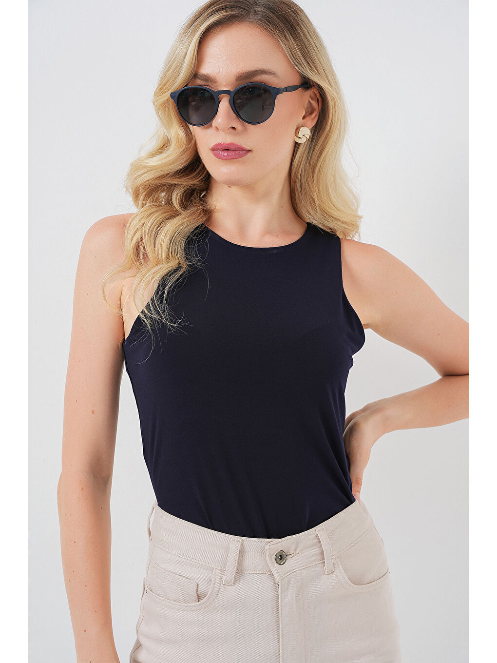 Kadın Halter Yaka Çıtçıtlı Body 972 - Lacivert-2