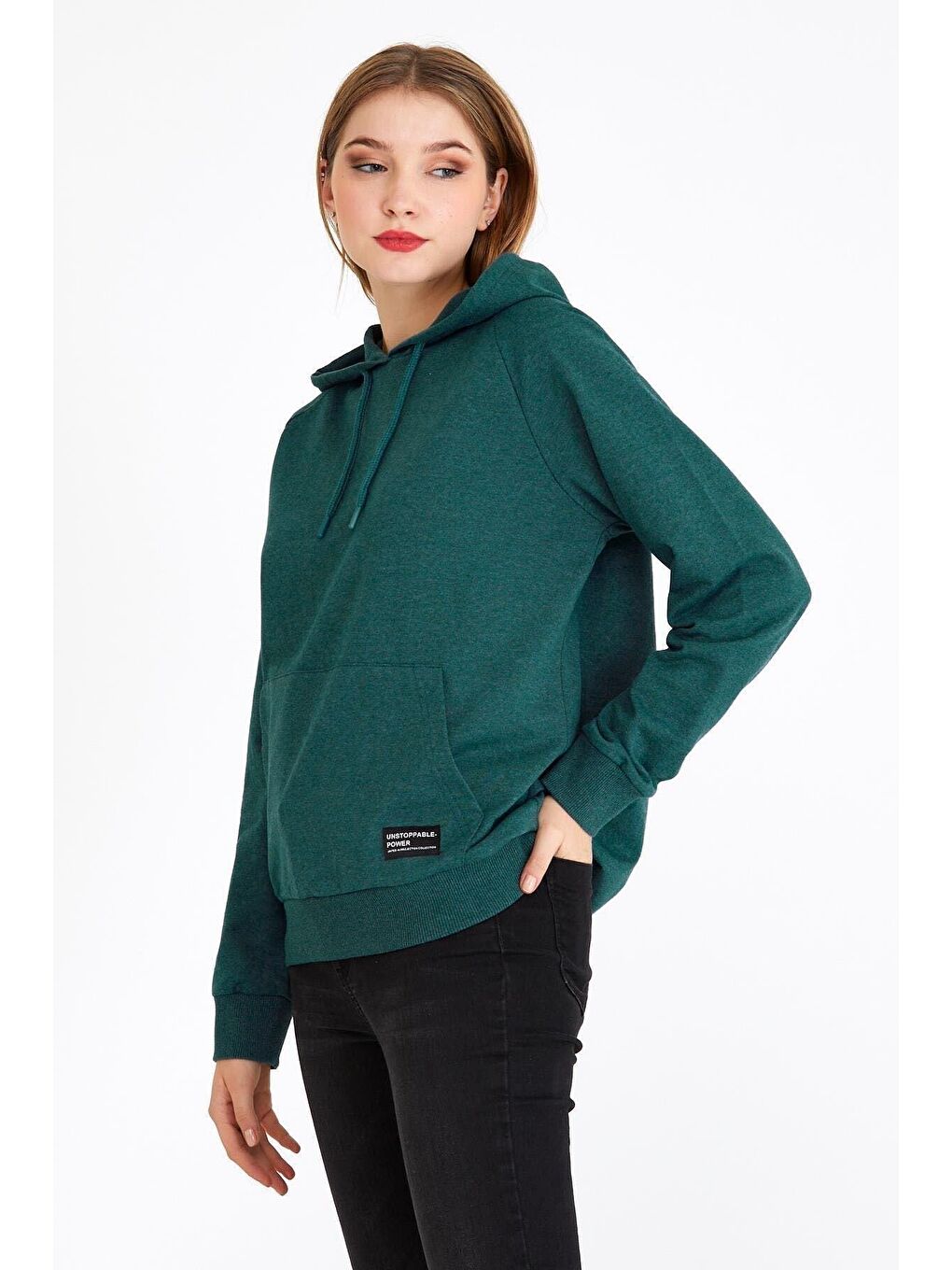 MMETALIC Petrol Kadın Yeşil Kapüşonlu Basic Örme Sweatshirt - 1