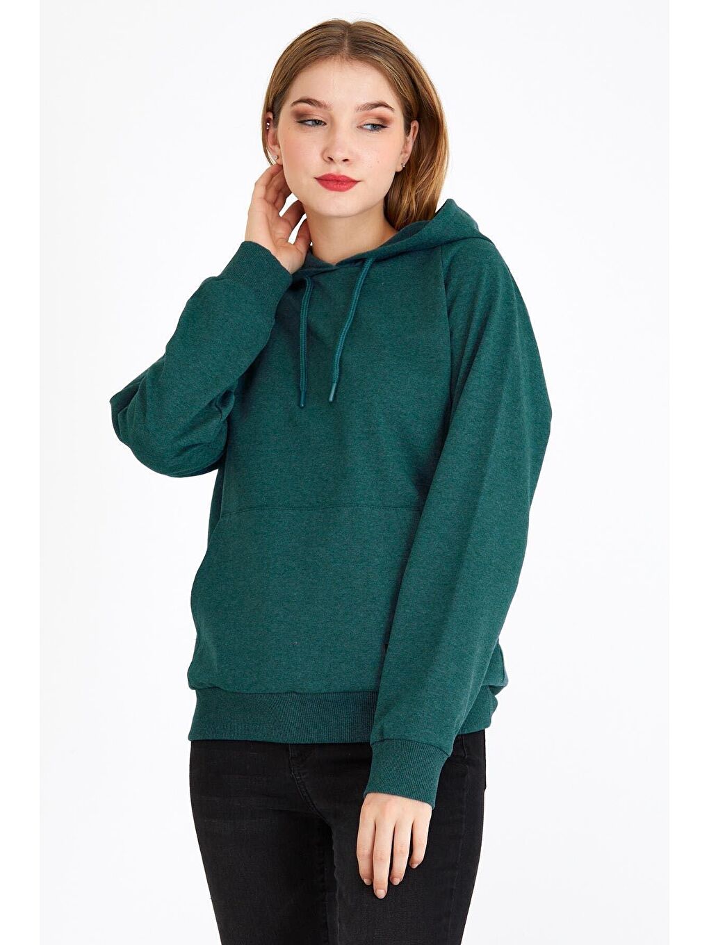 MMETALIC Petrol Kadın Yeşil Kapüşonlu Basic Örme Sweatshirt - 3