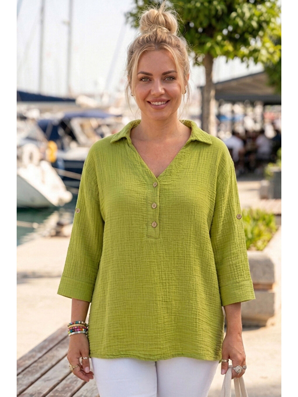 Yeşil Gömlek Yaka Düğmeli 3/4 Kol Yanları Düğmeli Casual Müslin Dokuma Bluz 67 67-2