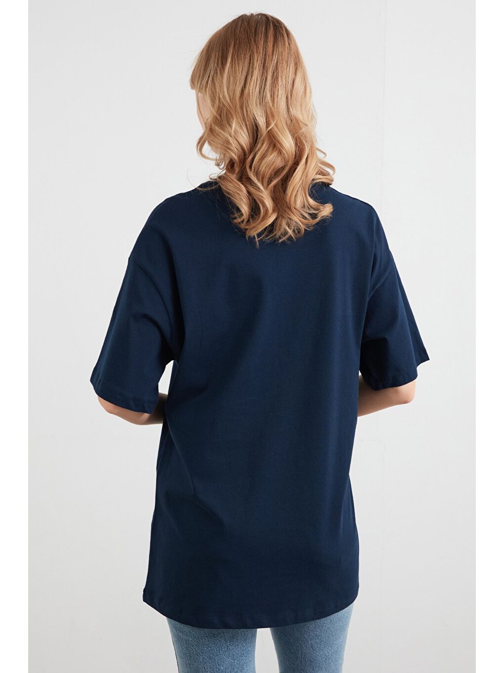 Lacivert Ayıcık Baskılı Oversize Tişört-2