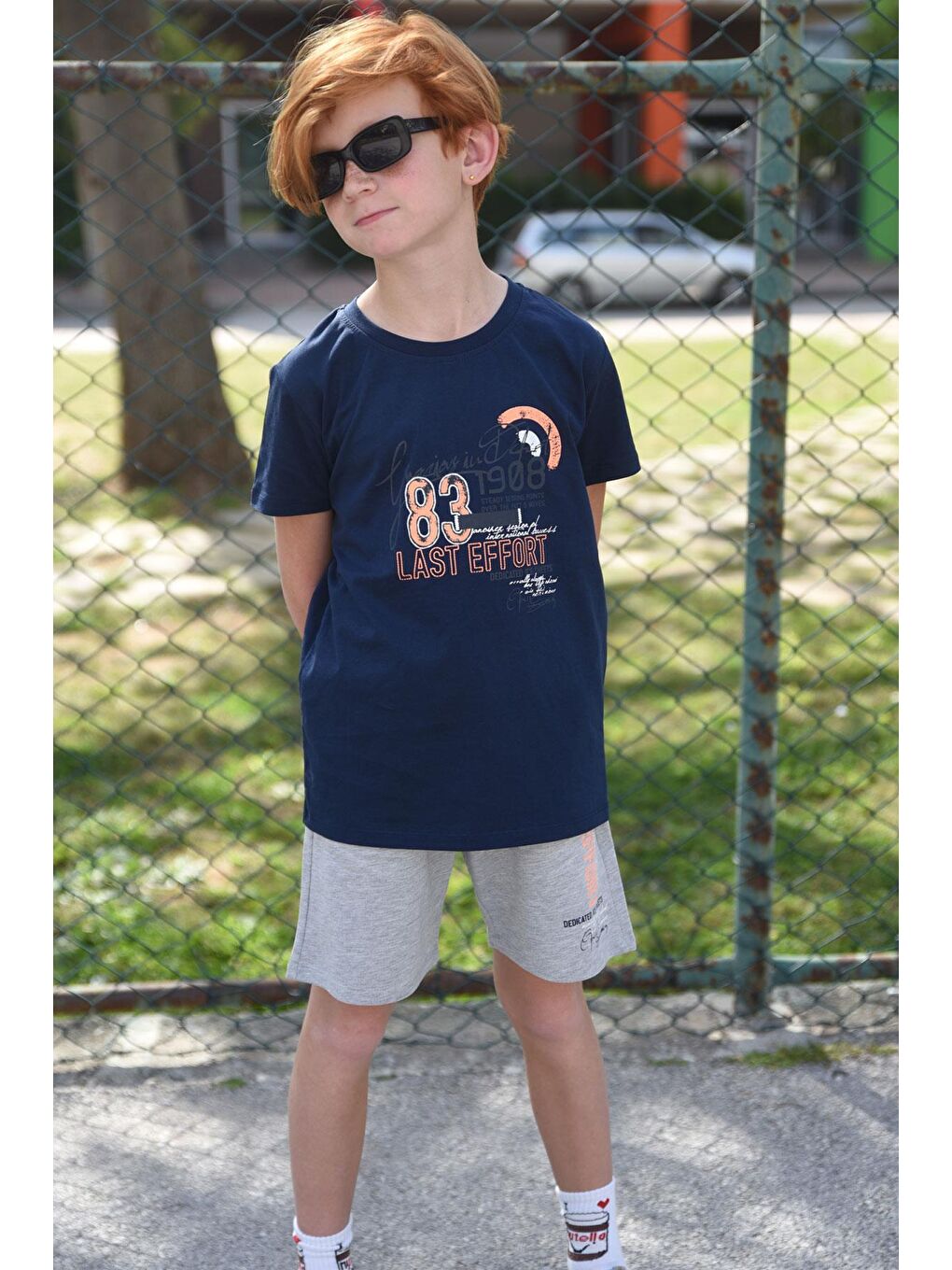 Erkek Çocuk Şortlu Takım Yazı Baskılı Cepli Bağcık Aksesuarlı Lacivert (8-14 Yaş)-6