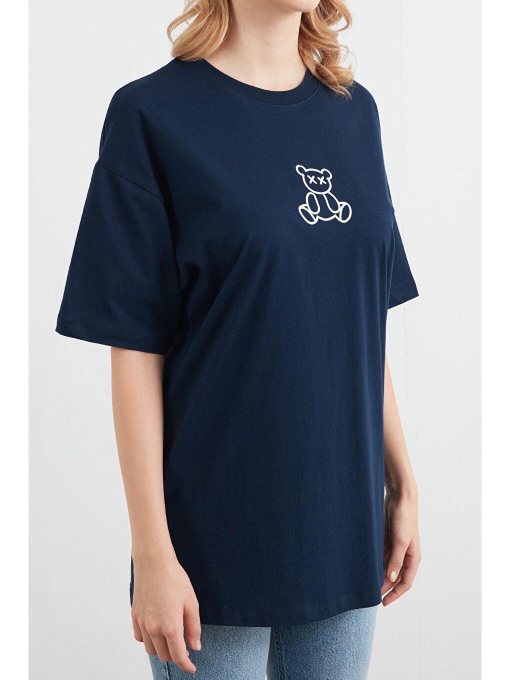 Lacivert Ayıcık Baskılı Oversize Tişört-4