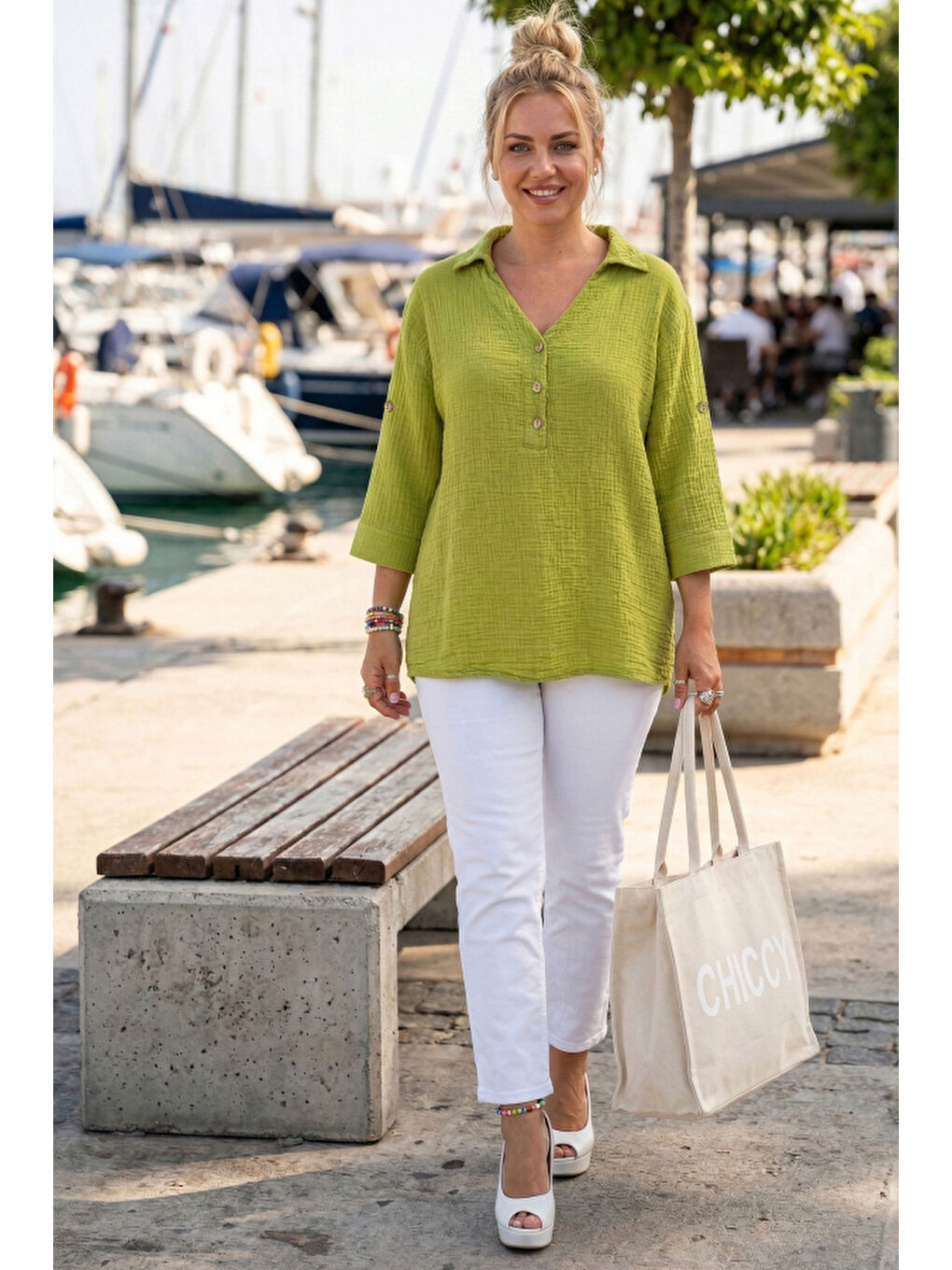 Yeşil Gömlek Yaka Düğmeli 3/4 Kol Yanları Düğmeli Casual Müslin Dokuma Bluz 67 67-3