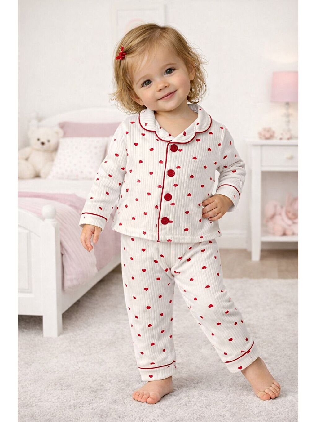 Beyaz Kız Bebek Pamuklu Uzun Kollu Düğmeli Bebek Pijaması Yumuşak Dokulu Nefes Alabilen Bebek