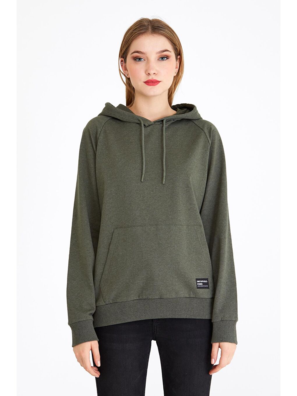 MMETALIC Haki Kadın Haki Renk Kapüşonlu Basic Örme Sweatshirt