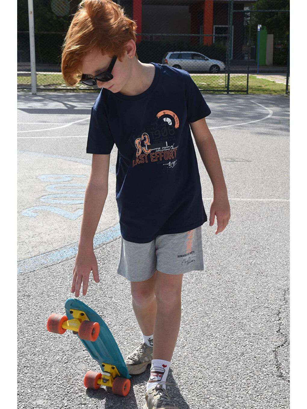 Erkek Çocuk Şortlu Takım Yazı Baskılı Cepli Bağcık Aksesuarlı Lacivert (8-14 Yaş)-7