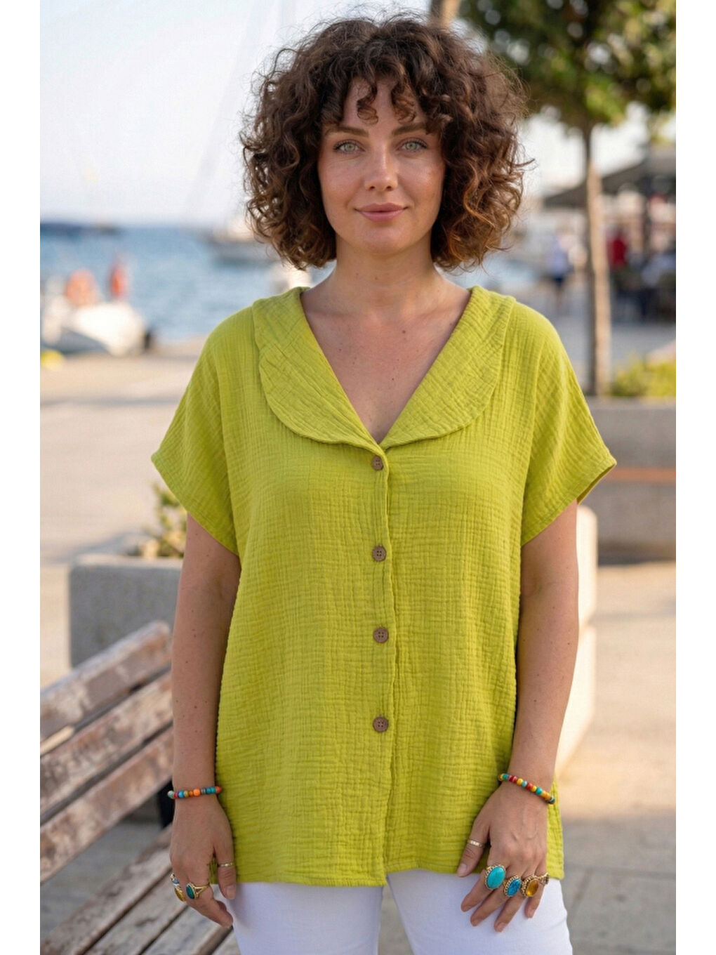 Fıstık Yeşili Bebe Yaka Düşük Kol Düğmeli Casual Müslin Oversize Dokuma Bluz 70 65