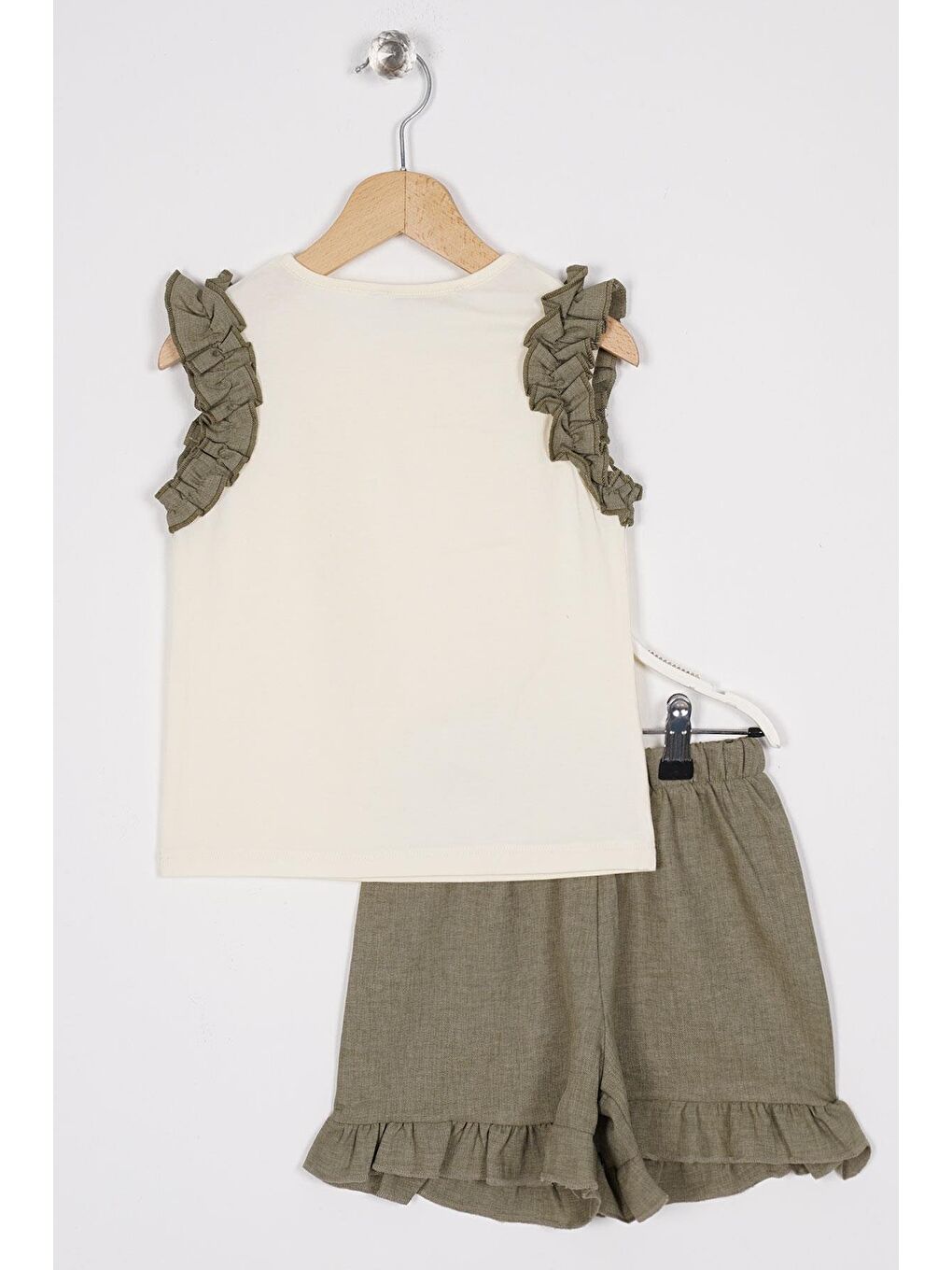 Bisiklet Yaka Sıfır Kol Fırfırlı Şortlu Ekru Haki Renk Kız Çocuk İkili Takım-2