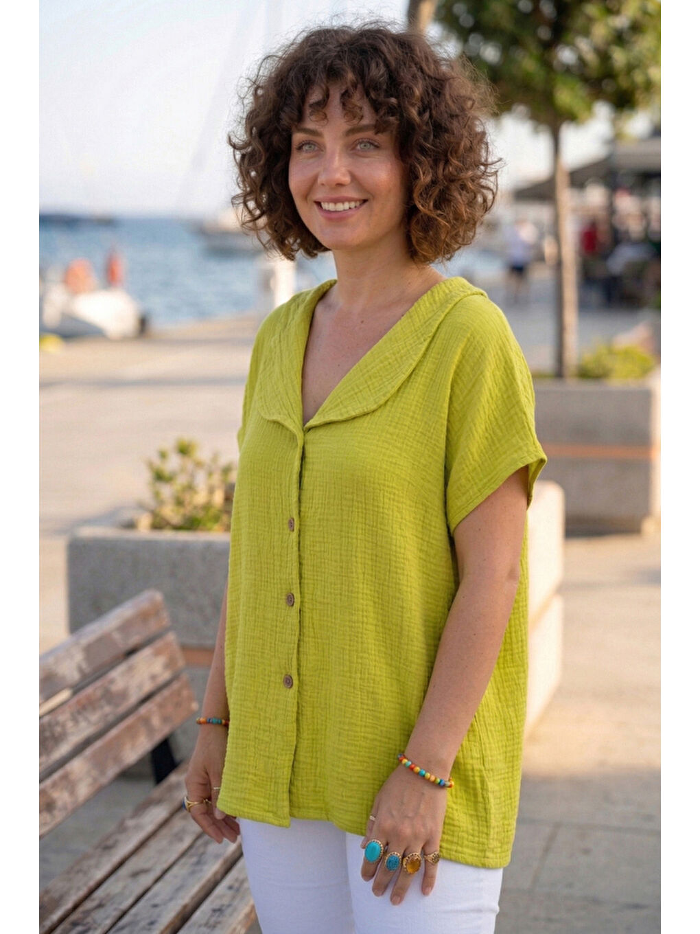 Fıstık Yeşili Bebe Yaka Düşük Kol Düğmeli Casual Müslin Oversize Dokuma Bluz 70 65-1