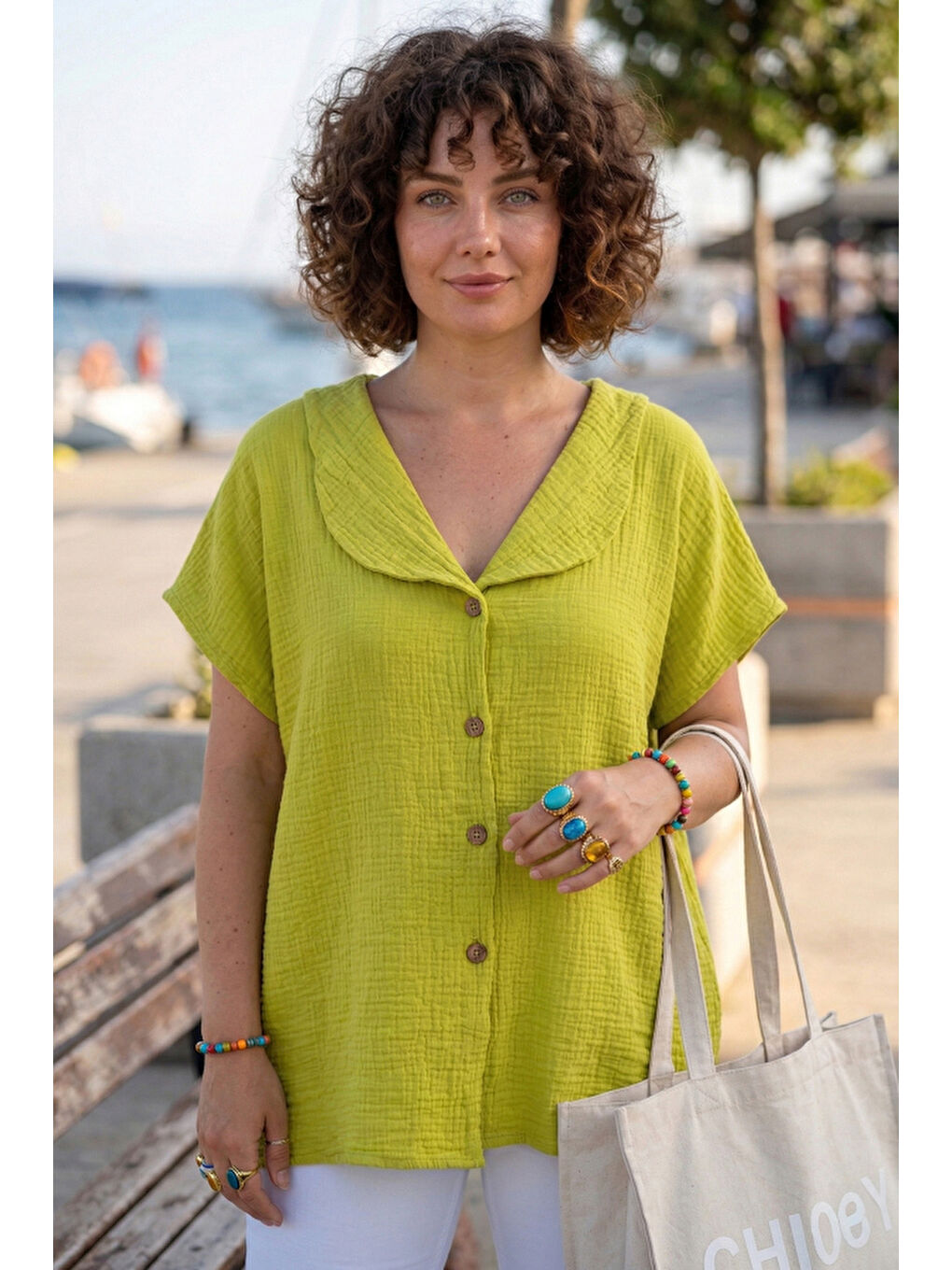 Fıstık Yeşili Bebe Yaka Düşük Kol Düğmeli Casual Müslin Oversize Dokuma Bluz 70 65-2