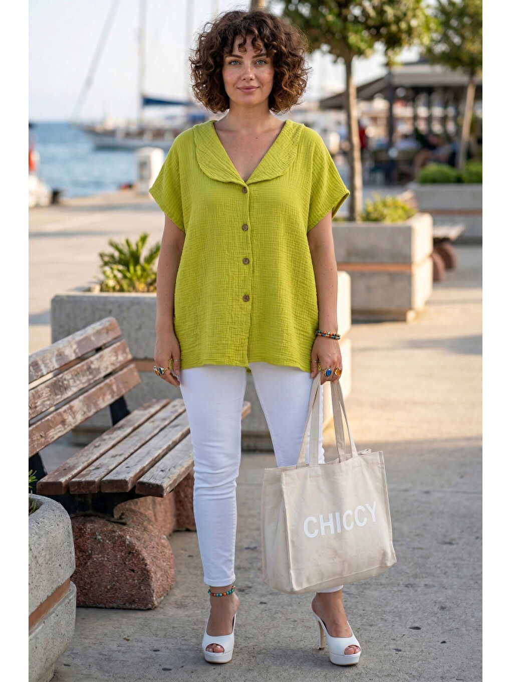 Fıstık Yeşili Bebe Yaka Düşük Kol Düğmeli Casual Müslin Oversize Dokuma Bluz 70 65-3