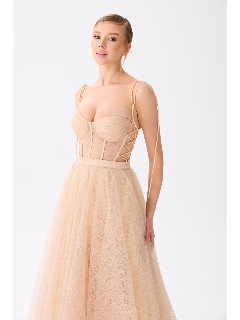 Sarı Gold Midi Dantelli Abiye Elbise-3
