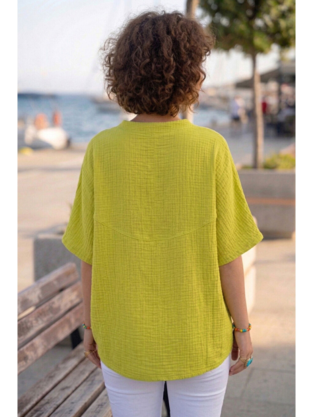 Fıstık Yeşili Bebe Yaka Düşük Kol Düğmeli Casual Müslin Oversize Dokuma Bluz 70 65-4