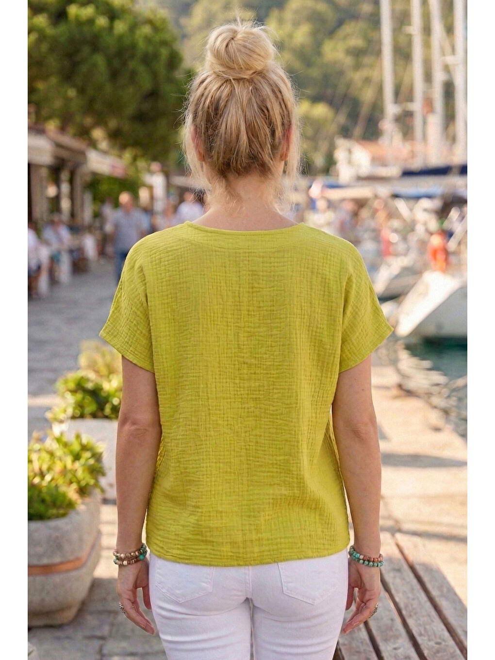 Fıstık Yeşili Bebe Yaka Düşük Kol Düğmeli Casual Müslin Oversize Dokuma Bluz 70 65-5