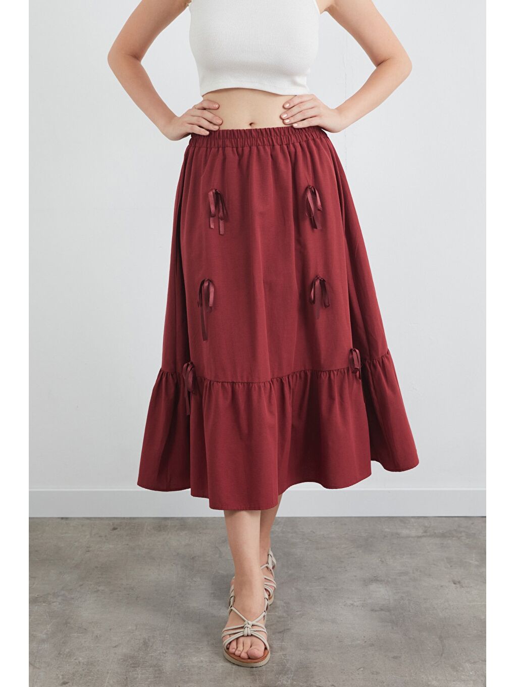 Bordo Beli Lastikli Kurdeleli Etek-1