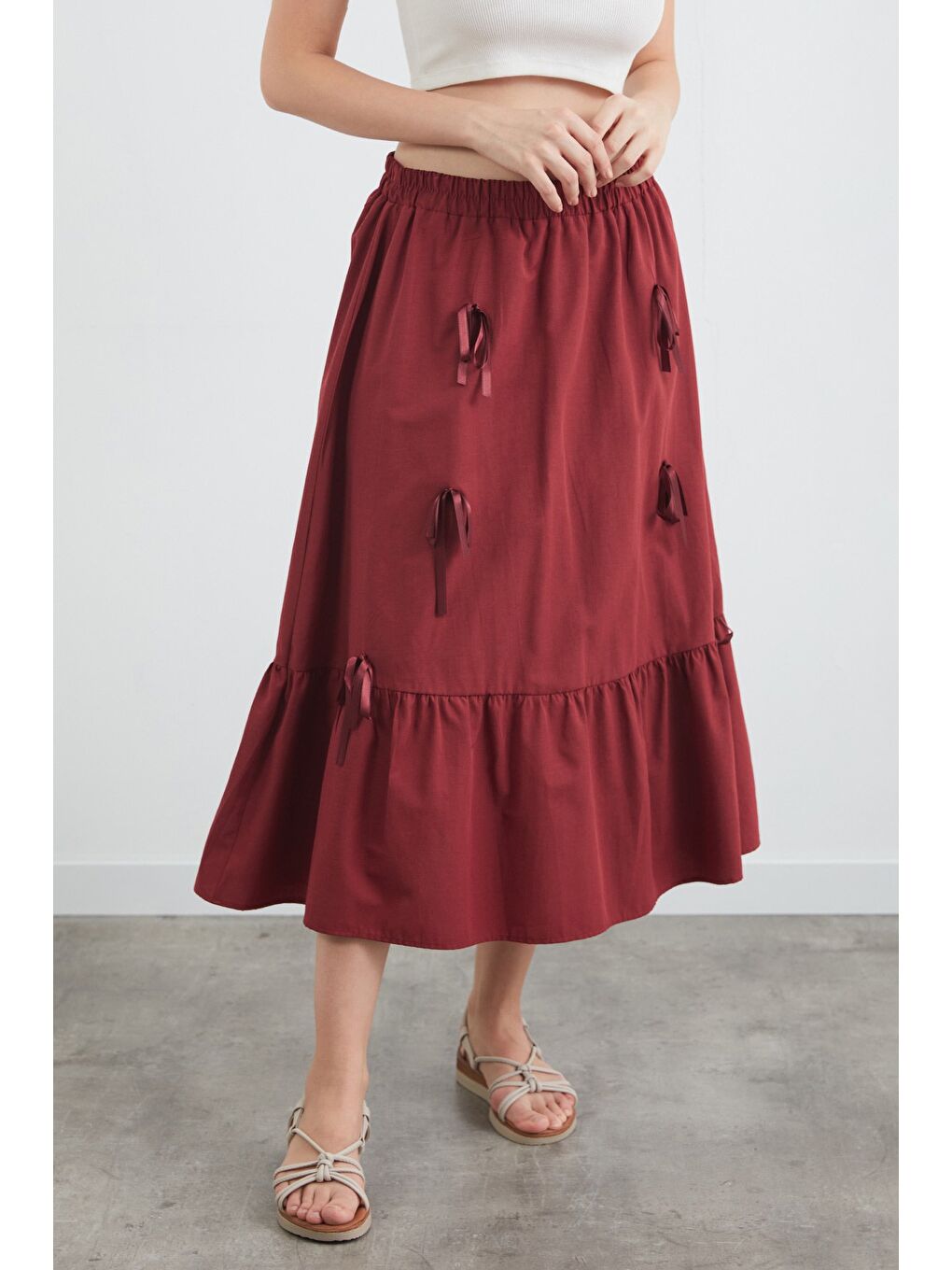 Bordo Beli Lastikli Kurdeleli Etek-2