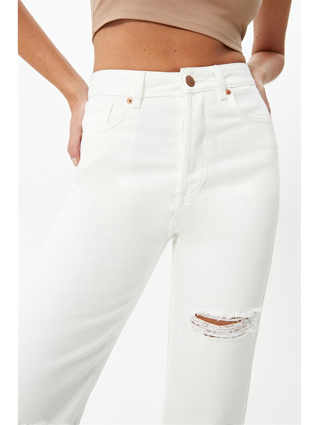 Ekru Yırtık Detaylı Wide Leg Yüksel Ben Jeans-2