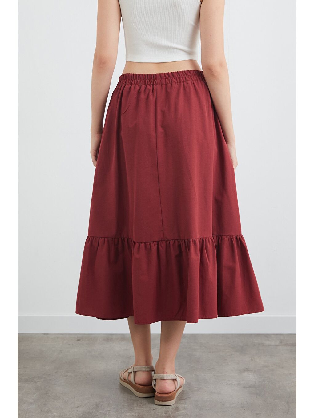 Bordo Beli Lastikli Kurdeleli Etek-3