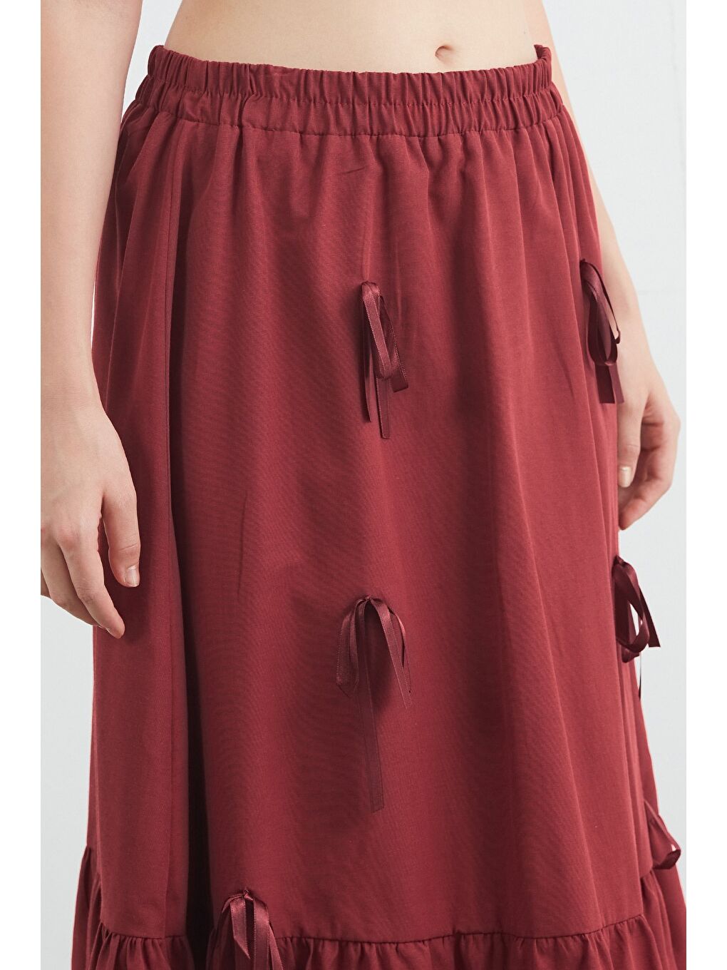 Bordo Beli Lastikli Kurdeleli Etek-4