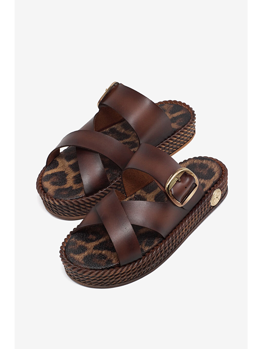 Kahverengi Kadın Taba Poli Taban Rahat Dolgu Taban Çapraz Bantlı Terlik-2