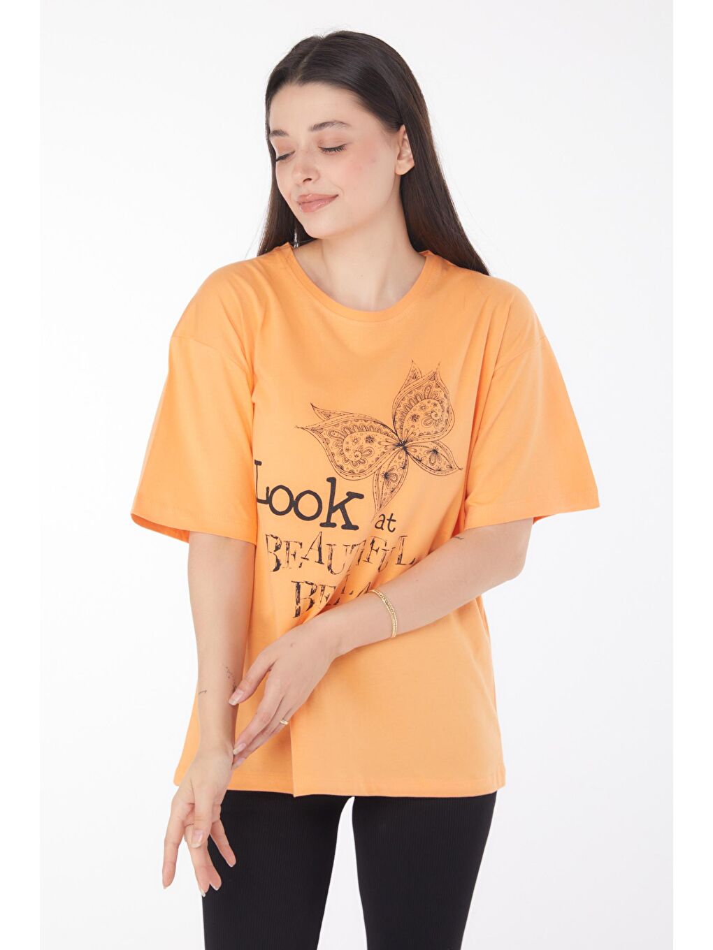 TOFİSA Turuncu Düz Bisiklet Yaka Kadın Turuncu Baskılı Kısa Kollu T-shirt - 25766 - 1