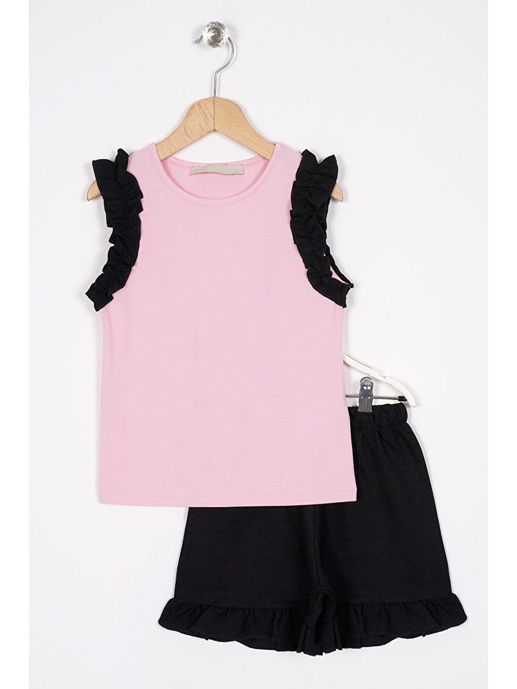 Bisiklet Yaka Sıfır Kol Fırfırlı Şortlu Açık Pembe Renk Kız Çocuk İkili Takım