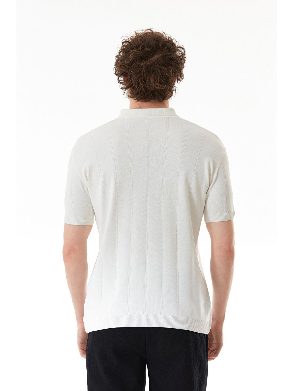 Ekru Şeritli Polo Yaka Yarım Fermuarlı Triko Tişört-3