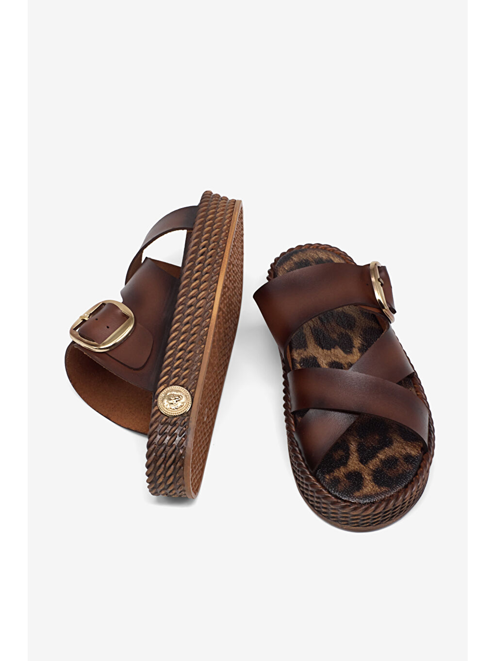 Kahverengi Kadın Taba Poli Taban Rahat Dolgu Taban Çapraz Bantlı Terlik-3